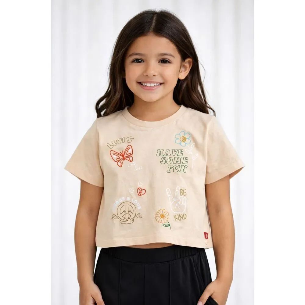Levi’s Girls Crop Tee 5-6 Graphic Embroidered Peace Love Butterfly Cotton Shirt